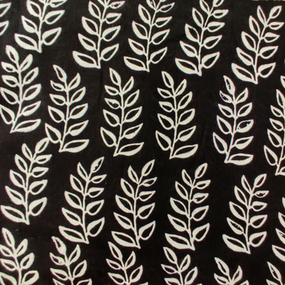 Pre Cut 1.80 Meter Pure Cotton Black With White Curry Leaves Hand Block Print Fabric