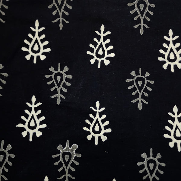 Pure Cotton Black With White Grey Simple Motifs Hand Block Print Fabric