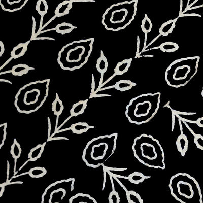 Pure Cotton Black With White Leafs Creeper Hand Block Print Fabric