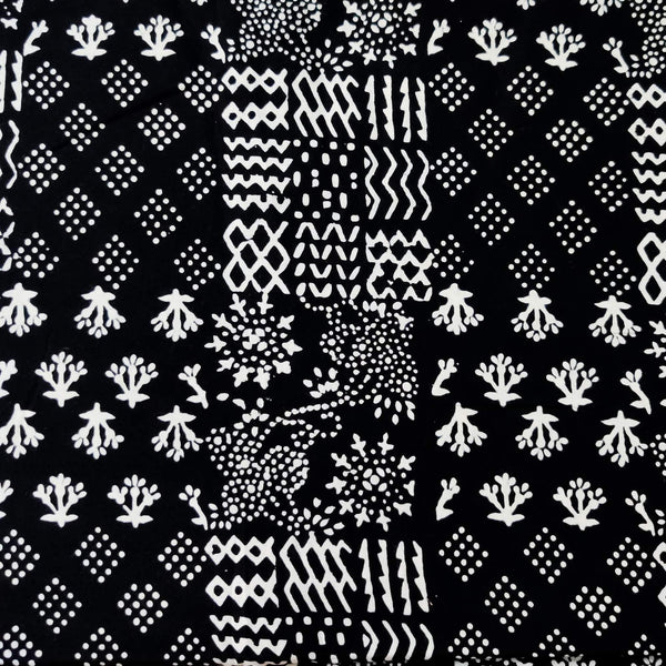 Pre-cut 2.25 Meter Pure Cotton Black With White Multi Tile Hand Block Print Fabric