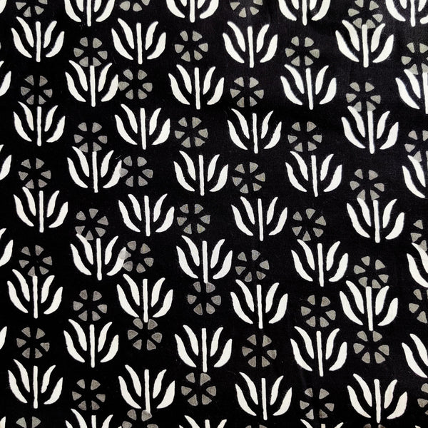 Pre-cut 1.80 meter Pure Cotton Black With White Tiny Plant Motifs Hand Block Print Fabric