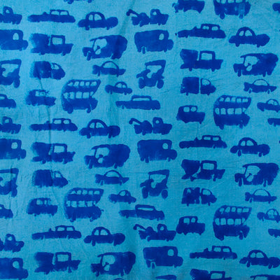 Pre-cut 1.50 meter Pure Cotton Blue With Cars Hand Block Print Fabric