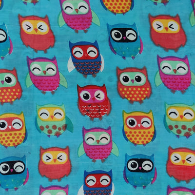 Pure Cotton Blue With Multicolor Owl Screenprint Fabric