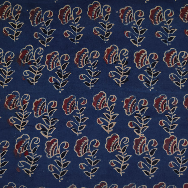 Blouse Piece 0.80 Meter Pure Cotton Blue With Red Black Flowers Hand Block Print Fabric