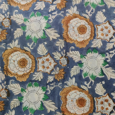 Blouse Piece 0.90 meter Pure Cotton Bluish Grey With Green And Brown Big Floral Jaal Hand Block Print Fabric