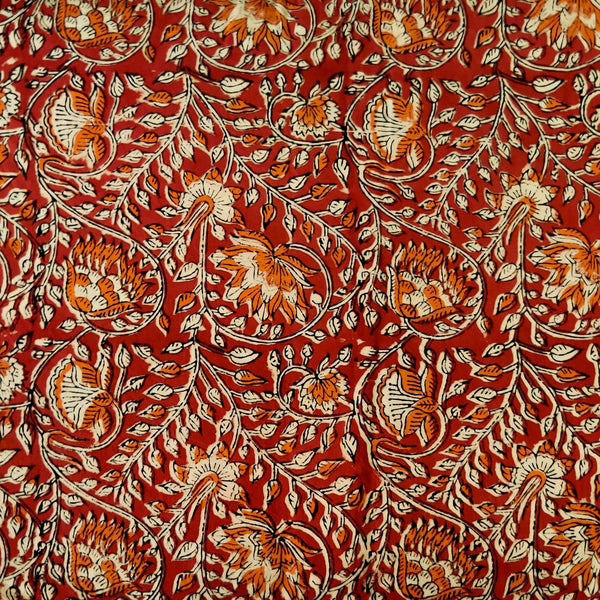 Pre-cut 2.8 meter Pure Cotton Brown Maroon With Orange And Beige Flower Jaal Hand Block Print Fabric