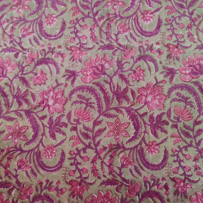 Pre Cut 2.20 Meter Pure Cotton Chickoo Brown With Subtle Pink Purple Jaal Hand Block Print Fabric