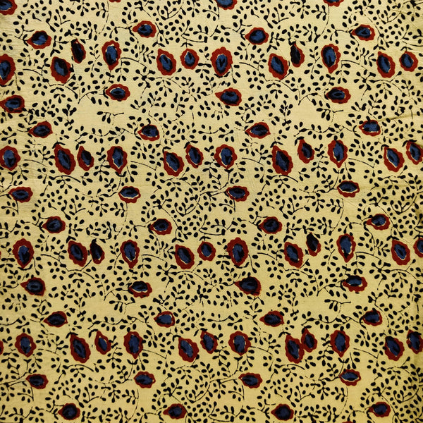 Pure Cotton Cream Ajrak With Maroon Blue Jaal Hand Block Print blouse piece Fabric( 0.85 meter)