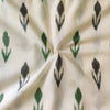 Pure Cotton Cream Mercerised Ikkat With Grey Green Plant Woven Motif Handwoven Fabric