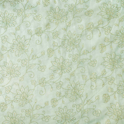 Pure Cotton Cream With Green Floral Jaal Embroidered Fabric