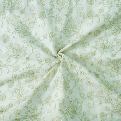 Pure Cotton Cream With Green Floral Jaal Embroidered Fabric