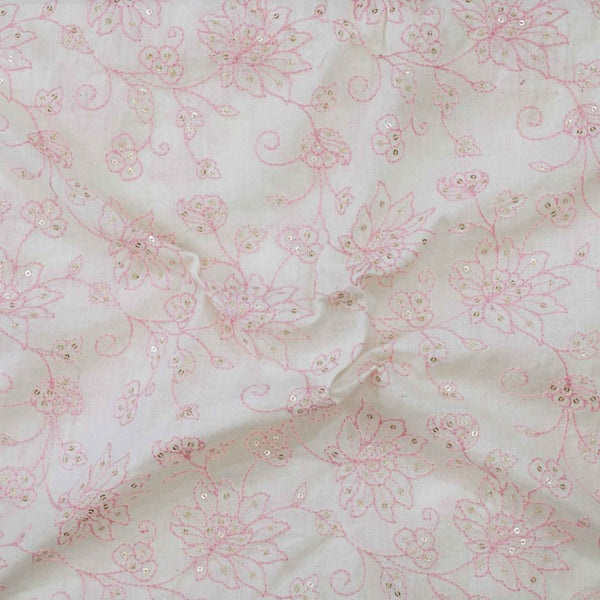 Blouse Piece 1.30 meter Pure Cotton Cream With Pink Floral  Embroidery Fabric