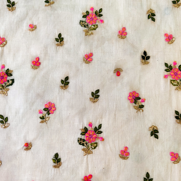 Pure Cotton Cream With Pink Scattered Flowers Embroidered Blouse Fabric ( 0.85 meter )