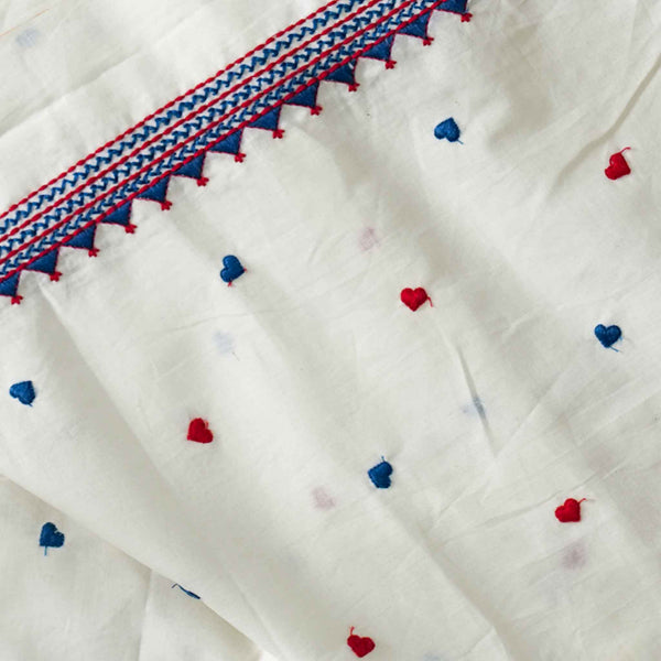 Pre-cut 2 meter Pure Cotton Cream With Red And Blue Hearts Embroidered Fabric With A Border