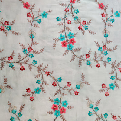 Precut 2.10 Meter Pure Cotton Cream With Red And Teal Blue Shades Jaal Embroidered Fabric