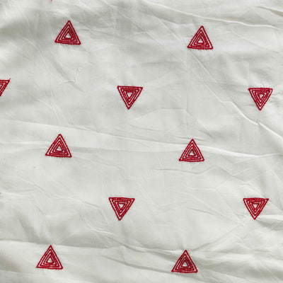 ( Pre-Cut 1.10 Meter )Pure Cotton Cream With Red Triangle In A Triangle Embroidered Fabric With A Border