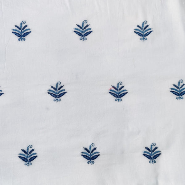 Pure Cotton Cream With Tiny Light And Dark Blue Plant Embroiedered Fabric