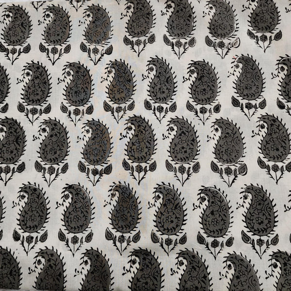 Pure Cotton Dabu Bagru Beige Black Grey Kairi Motifs Hand Block Print Fabric