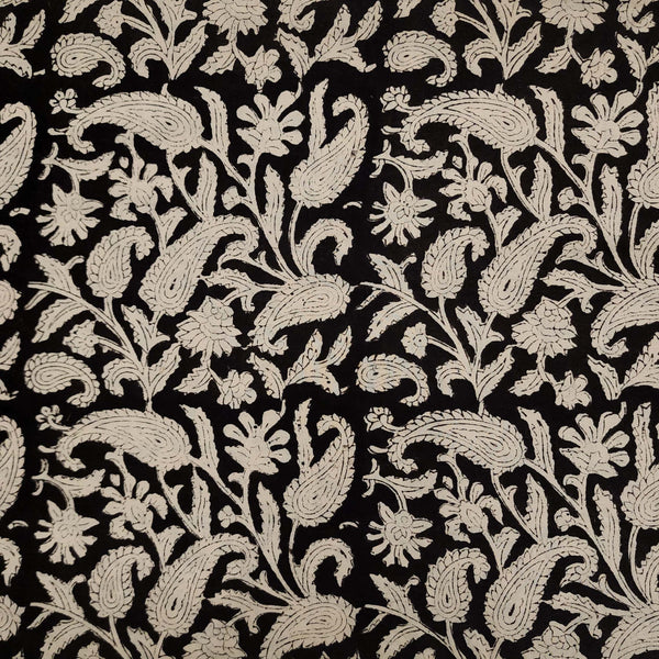 Pure Cotton Dabu Bagru Black With Big Beige Long Kairi Floral Jaal Hand Block Print Fabric
