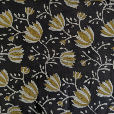 Pure Cotton Dabu Bagru Black With Mustard Cream Lotus Jaal Hand Block Print Fabric
