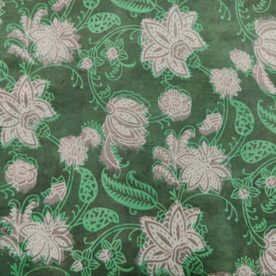 Pre Cut 2 Meter Pure Cotton Dabu Bagru Green With Grey Flowers Hand Block Print Fabric