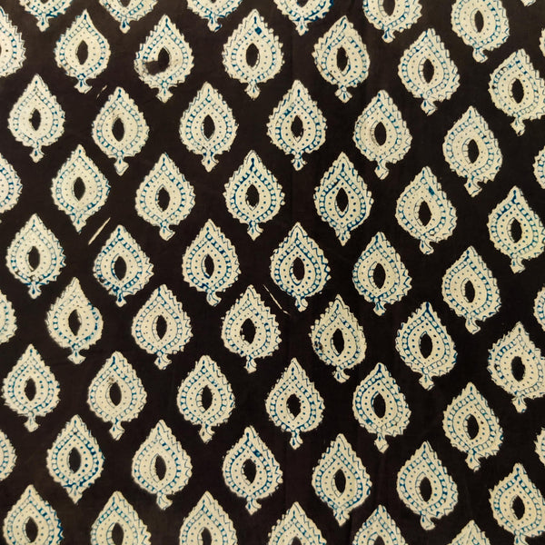 Pre-cut 1.60 meter Pure Cotton Dabu Black With Blue Outlined Intricate Spade Motif Hand Block Print Fabric