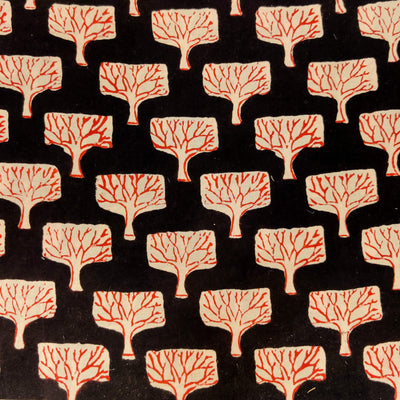 Pure Cotton Dabu Black With Red Autumn Tree Hand Block Print Fabric