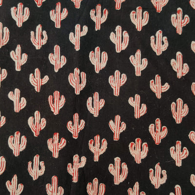 Pure Cotton Dabu Black With Red Outlined Cactus Hand Block Print Fabric