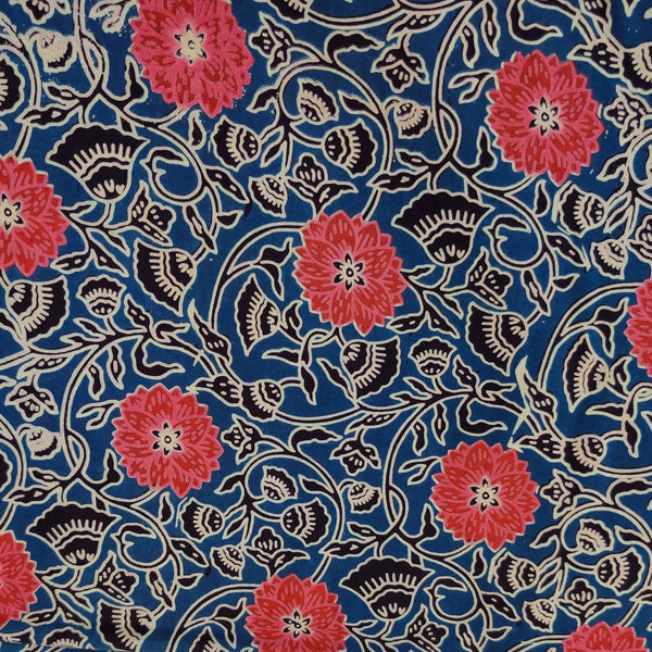 Pure Cotton Dabu Blue With Reddish Pink Dahlia Jaal Hand Block Print Fabric