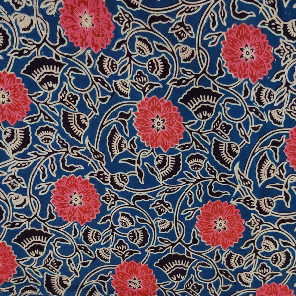 Pure Cotton Dabu Blue With Reddish Pink Dahlia Jaal Hand Block Print blouse Fabric ( 1.28 meter )
