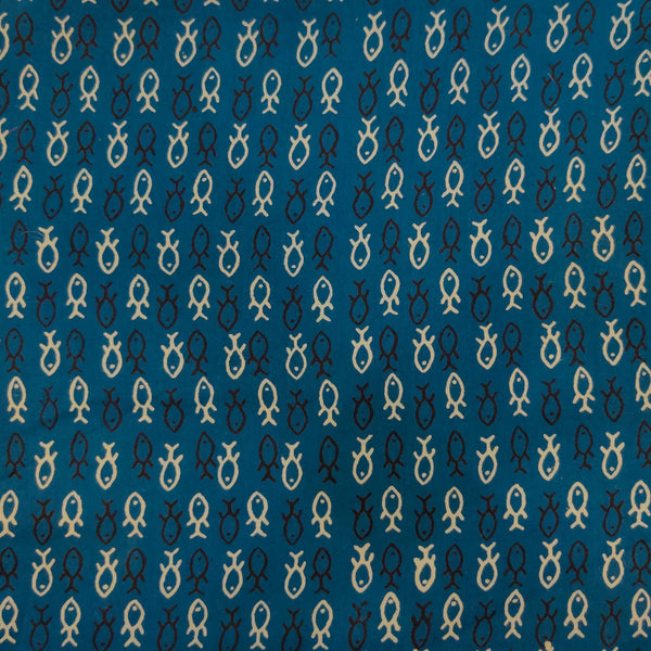Pure Cotton Dabu Blue With Tiny Cute Fish Hand Block Print Fabric