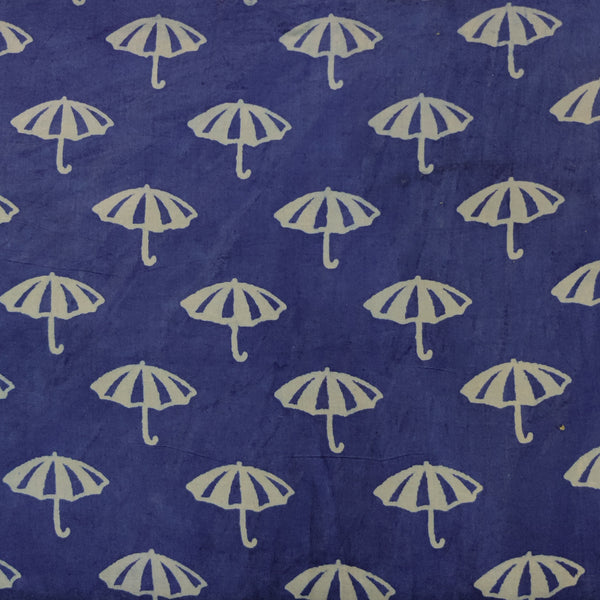 Blouse Piece 0.95 Meter Pure Cotton Dabu Blue With Umbrella Hand Block Print Fabric
