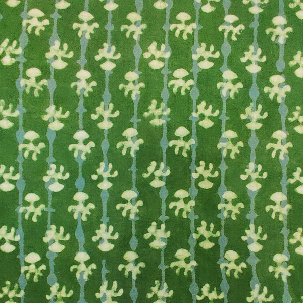 Pure Cotton Dabu Bottle Green With Stripes And Tiny Motif Hand Block Print Blouse Fabric (1 Meter)