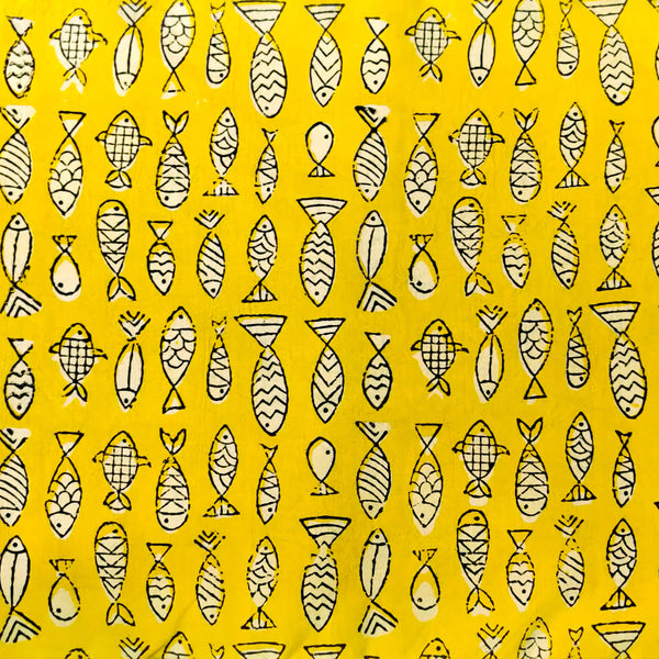 Pure Cotton Dabu Bright Yellow With Fish Hand Block Print Fabric