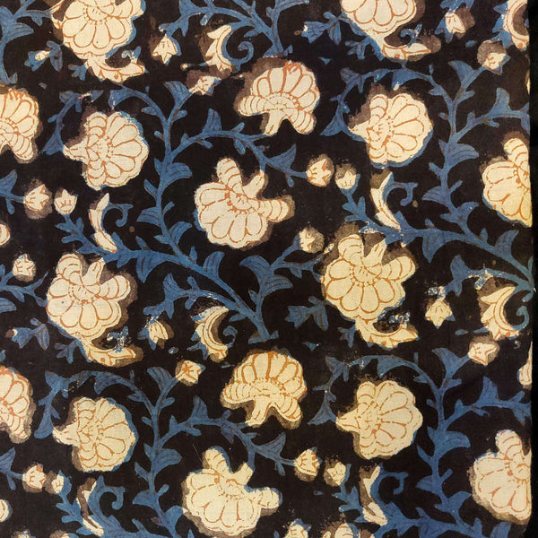 Pure Cotton Dabu Brown Black With Blue And Rust Jaal Hand Block Print Blouse Fabric ( 1.25 Meter )