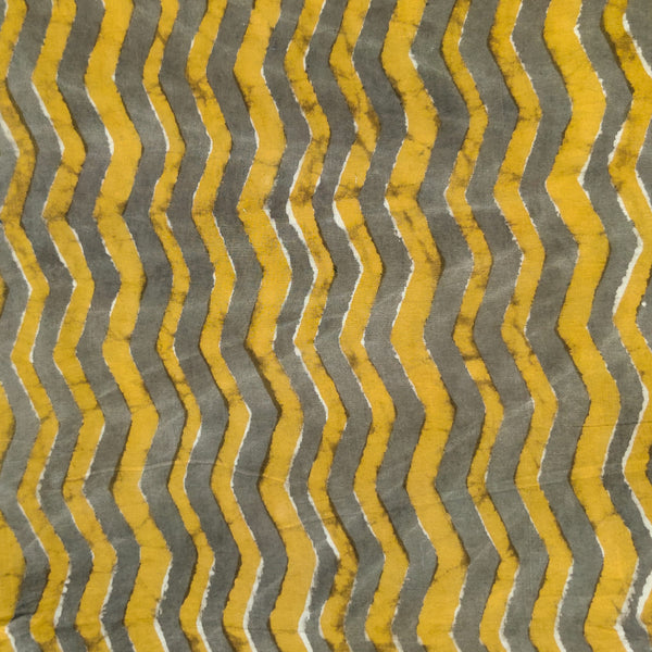 Pure Cotton Dabu Brown Grey With Dirty Mustard Wavy Lines Hand Block Print Fabric