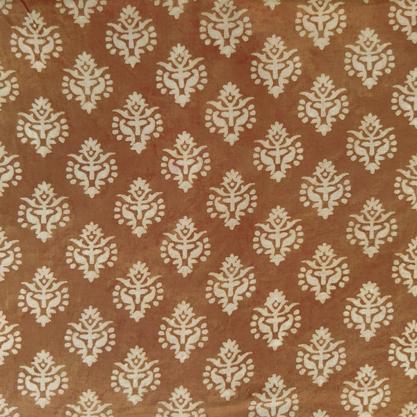 Pure Cotton Dabu Brown Mustard With Flower Motif Hand Block Print Fabric