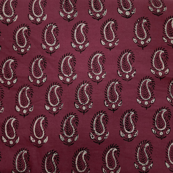 Pure Cotton Dabu Burgundy With Black White Kairi Hand Block Print Fabric