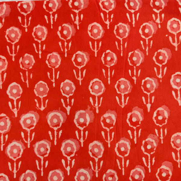 Pure Cotton Dabu Carrot Peach With Single Flower Motif Hand Block Print Fabric