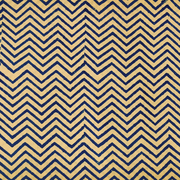 Pure Cotton Dabu Cream And Blue Zig Zag Hand Block Print Fabric