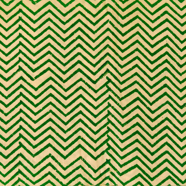 Pure Cotton Dabu Cream And Green Zig Zag Hand Block Print Fabric