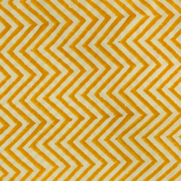 Pure Cotton Dabu Cream And Mustard Zig Zag Hand Block Print Fabric