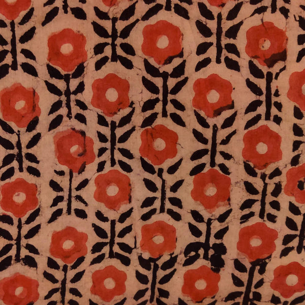 Pure Cotton Dabu Cream With A Hint Of Red And Rust Flower Intricate Stripes Hand Block Print Bouse Fabric ( 1 Meter )