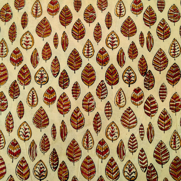 Pure Cotton Dabu Cream With Brown And Maroon Leaf Motif Hand Block Print Blouse Fabric (1 Meter)