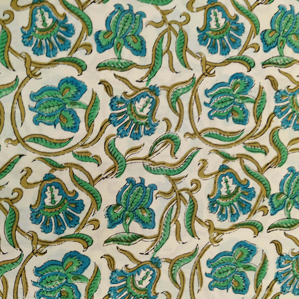 Pure Cotton Dabu Cream With Green Teal And Blue Floral Jaal Hand Block Print Fabric