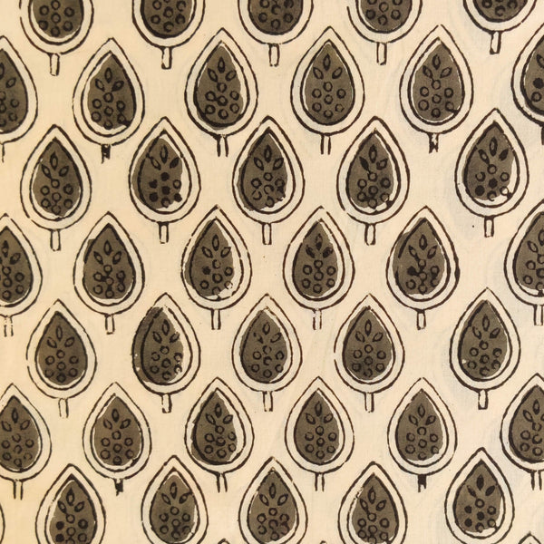 Pure Cotton Dabu Cream With Grey Leaf Hand Block Print Fabric