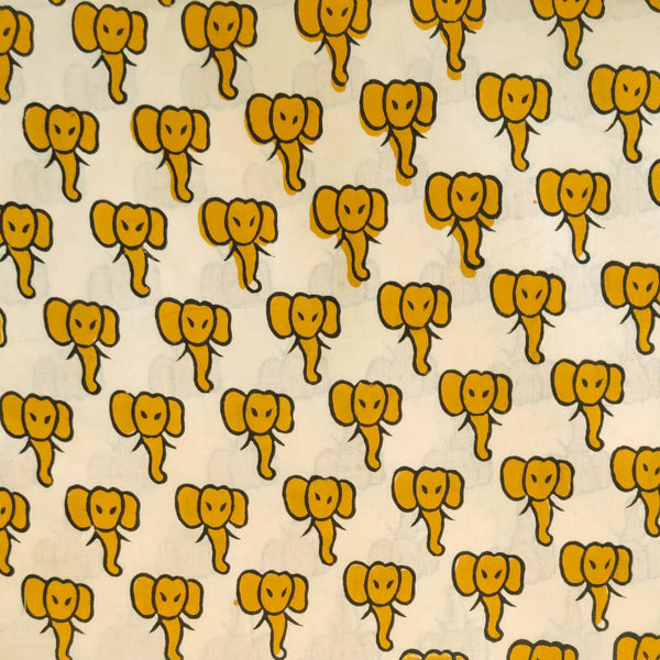 Pure Cotton Dabu Cream With Mustard Baby Elephant Hand Block Print Fabric