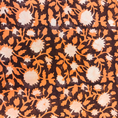 Pre-cut 1.45 Meters Pure Cotton Dabu Dark Brown With Orange Rust Wild Flower Jaal Hand Block  Print