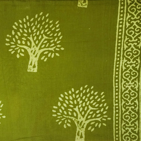 Pure Cotton Dabu Green With Cream Tree  Motifs Hand Block Print Fabric