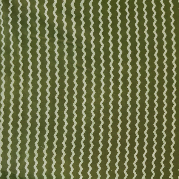 Pure Cotton Dabu Green With Cream Zig Zag Stripes Hand Block Print Fabric